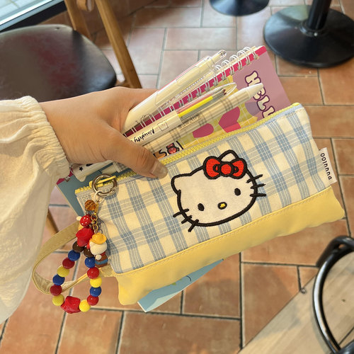 蓝黄格子笔袋女生高颜值ins风文具袋可爱卡通初中小学大容量笔盒