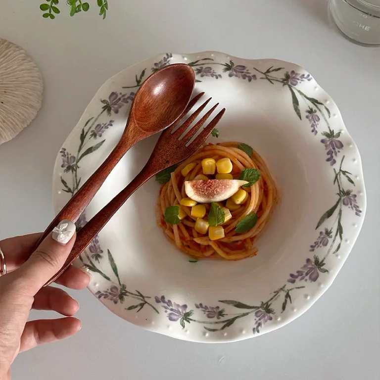 山野风法式薰衣草釉下彩陶瓷盘子餐具菜盘深盘甜品盘西餐盘沙拉盘