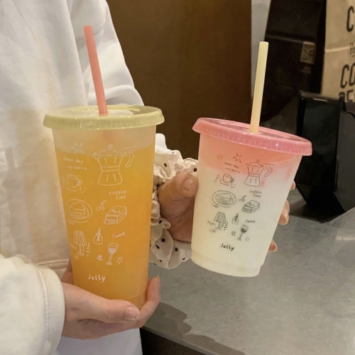 ins涂鸦水杯夏天透明塑料杯吸管杯子女生高颜值食品级pp杯果汁杯