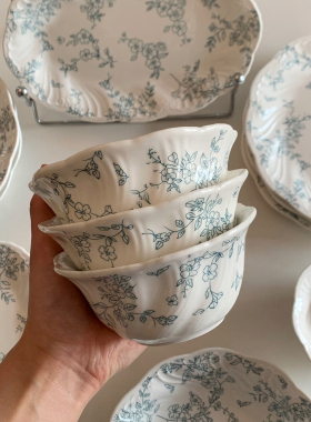 蓝色线描花卉饭碗高级感家用碗碟套装陶瓷碗具小众米饭碗小碗汤碗