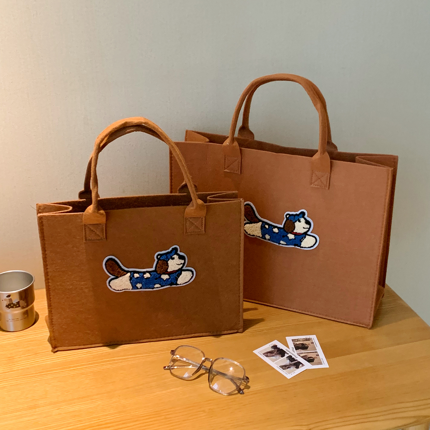 可爱小狗折叠毛毡包女上班通勤大容量手提环保袋购物袋单肩收纳袋