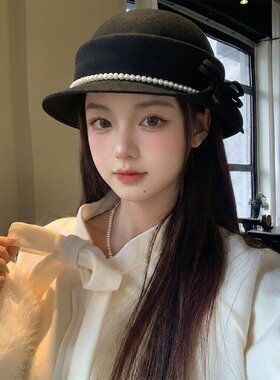 千金风珍珠礼帽女秋冬季赫本风显脸小贝雷帽法式高级感盆帽渔夫帽