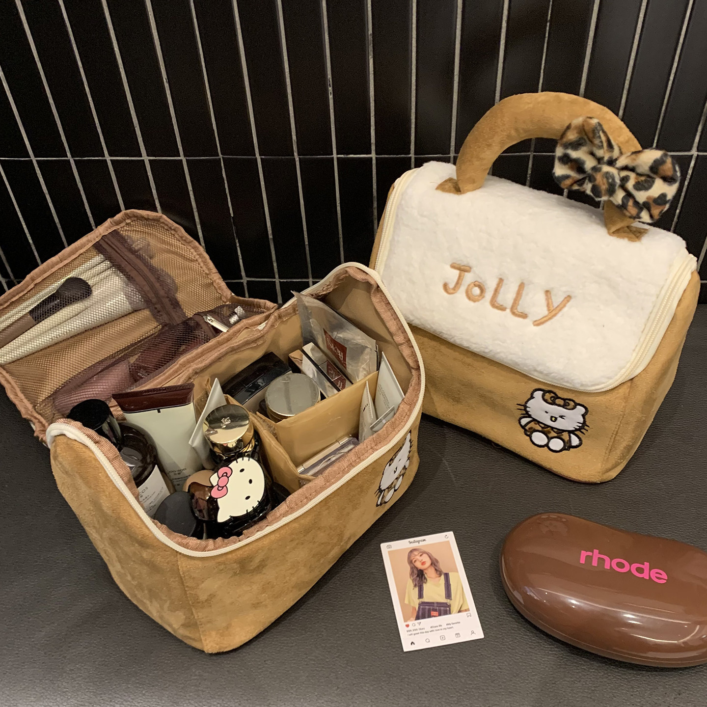 旅行化妆包外出便携手提化妆品收纳包包高级感复古麂皮分区洗漱包