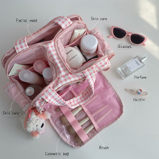 高颜值化妆收纳包大容量旅行洗漱包便携式粉色格子防水化妆包袋女