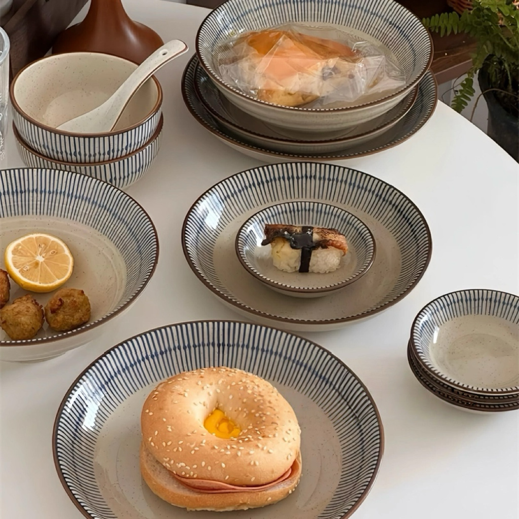 ins风日式条纹陶瓷盘子家用菜盘水果沙拉盘甜品盘釉下彩碗勺盘子