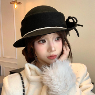 珍珠蝴蝶结小礼帽女生秋冬高级感气质千金帽黑色赫本风毛毡帽子