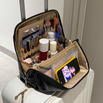 可挂行李箱化妆包大容量便携可立式分区化妆品黑色收纳包手提旅行
