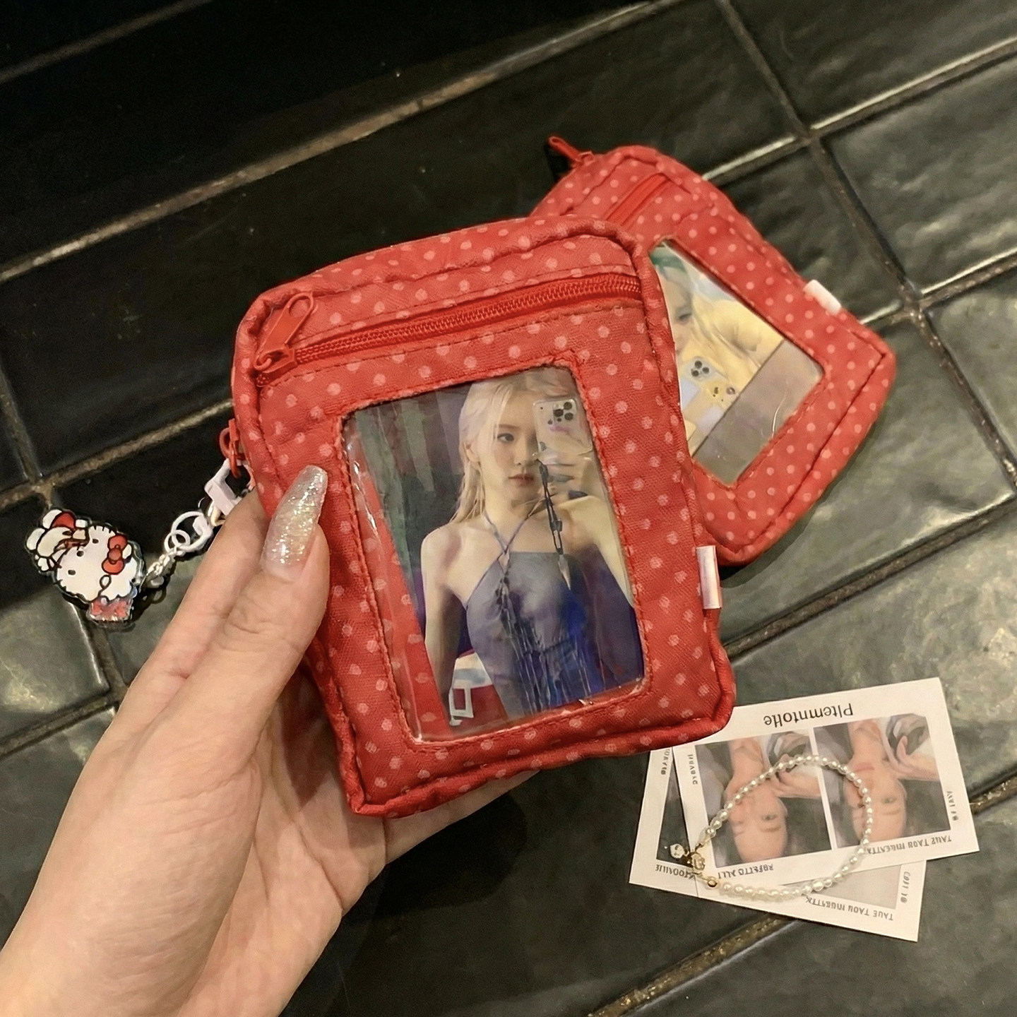 中古红色波点迷你收纳包卡套零钱包随身便携口红耳机包化妆品小包