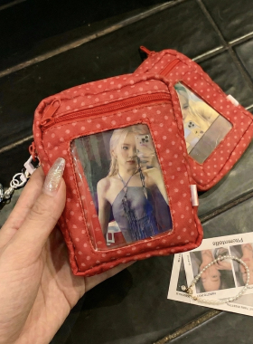 中古红色波点迷你收纳包卡套零钱包随身便携口红耳机包化妆品小包