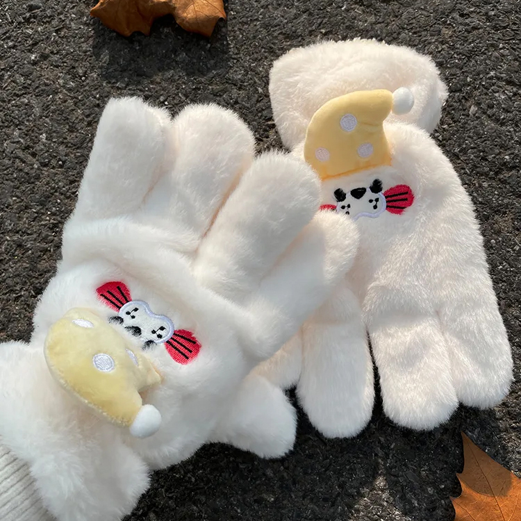 可爱毛绒手套女冬季加厚保暖骑车防风防寒围巾女生学生骑车电动车