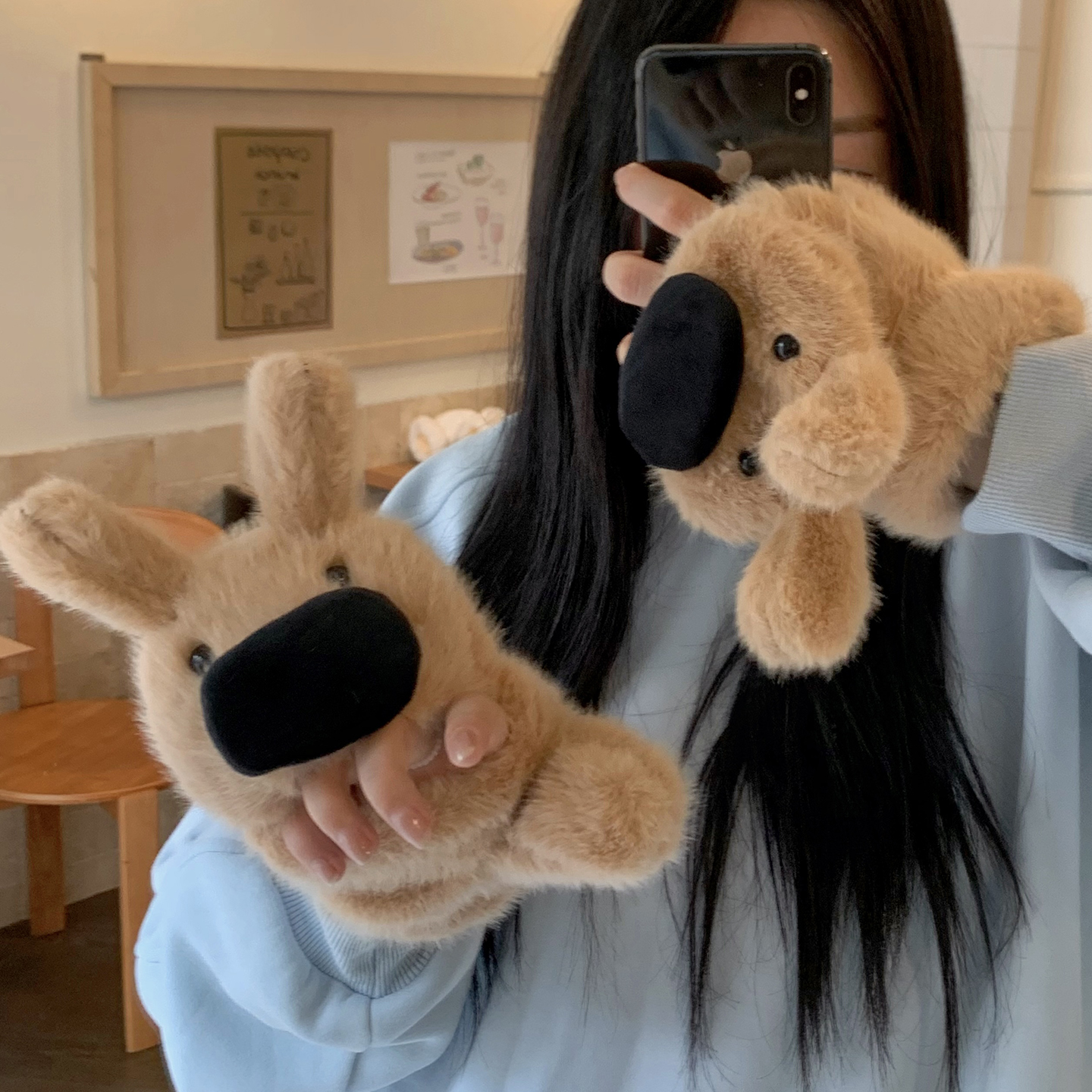 可爱小狗半指翻盖毛绒手套女生冬季保暖加绒加厚学生写字骑行防寒