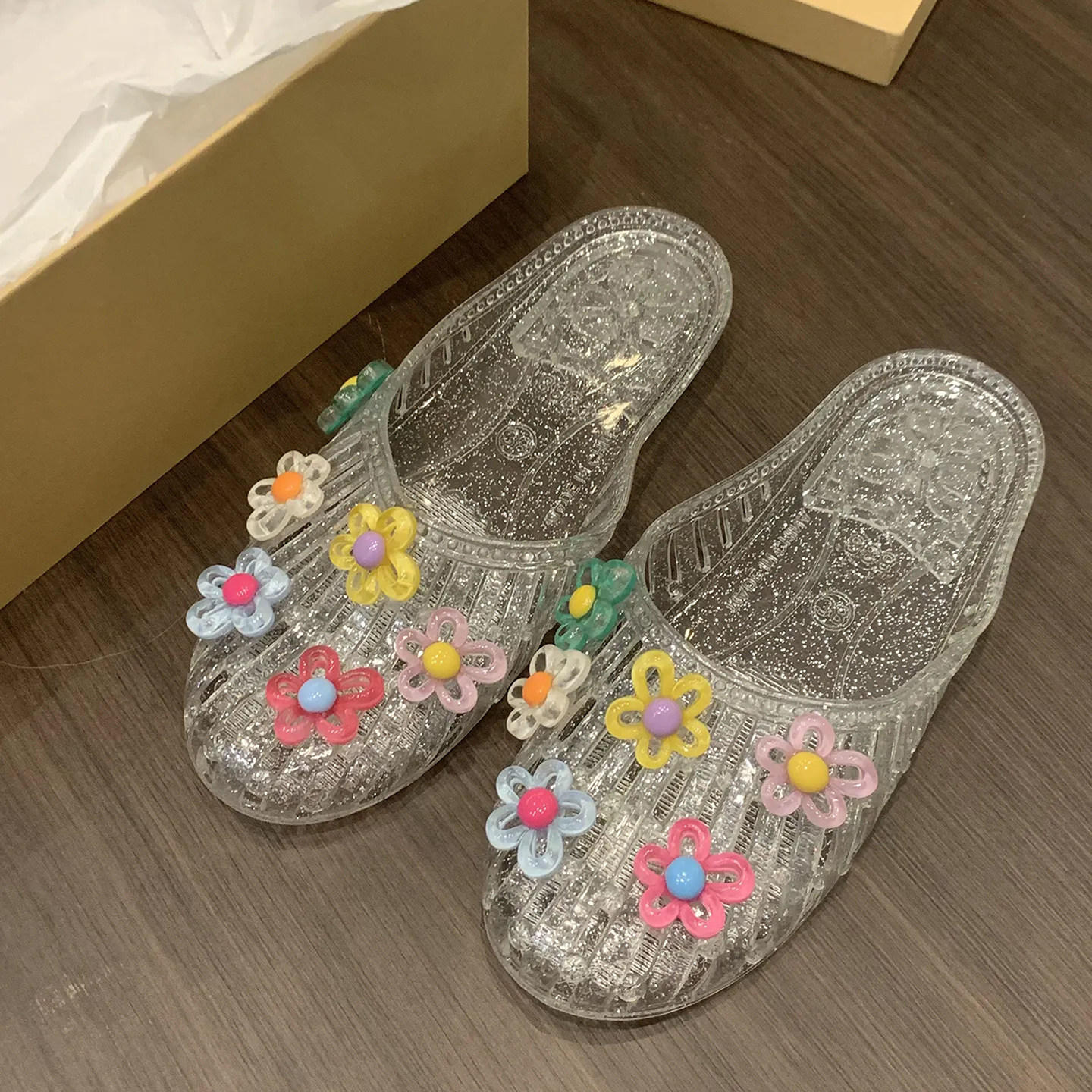 水晶鞋凉鞋女平底透明半拖夏季小花果冻鞋软底凉拖鞋包头外穿女鞋