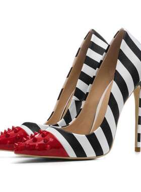 欧美时装单鞋尖头条纹铆钉细跟女鞋速卖通高跟鞋high heels pumps
