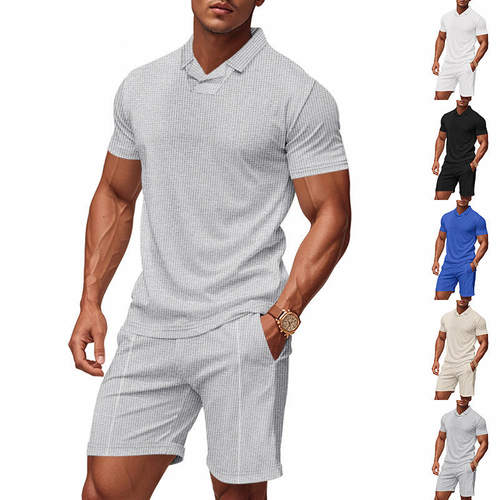 新款 欧美跨境美式宽松男士夏季伯克领休闲POLO衫短袖短裤套装男