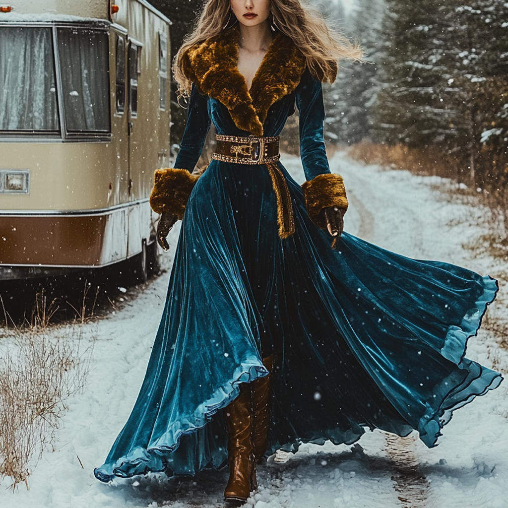 新款 欧美 速卖通 长袖 长款 加厚金丝绒毛领外套连衣裙单件