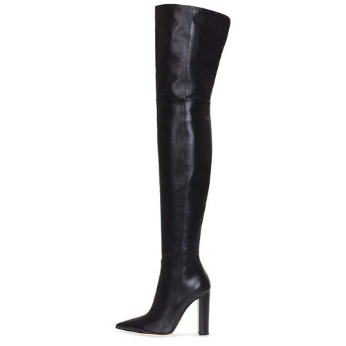 跨境欧美粗跟时装靴尖头侧拉链高筒女靴外贸block heels 46PU