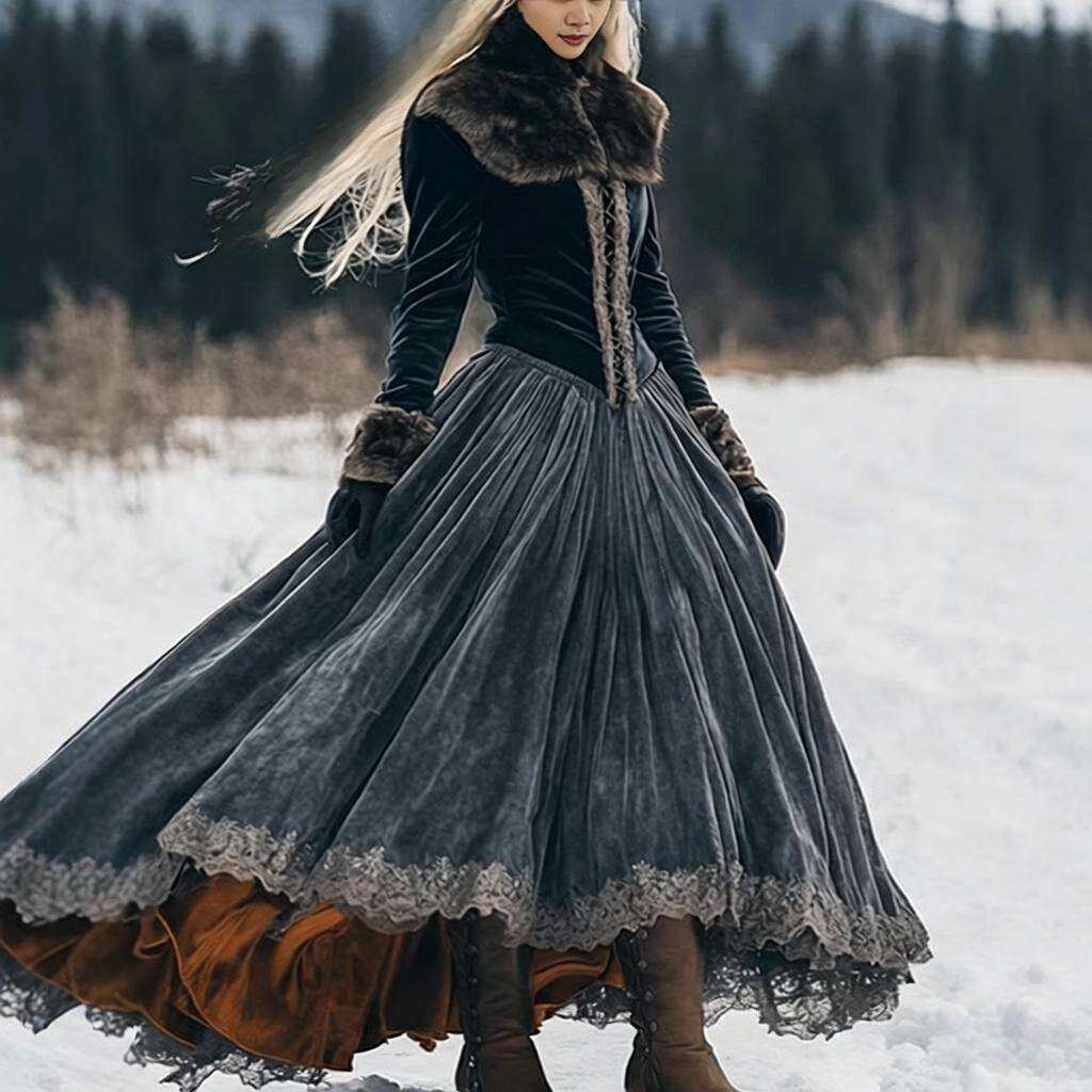 2025欧美 独立站 亚马逊 长袖 金丝绒毛领花边长款连衣裙大衣单件