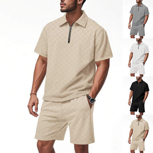 2025跨境夏季男士重磅宽松休闲简约棋盘格拉链POLO衫短袖短裤套装