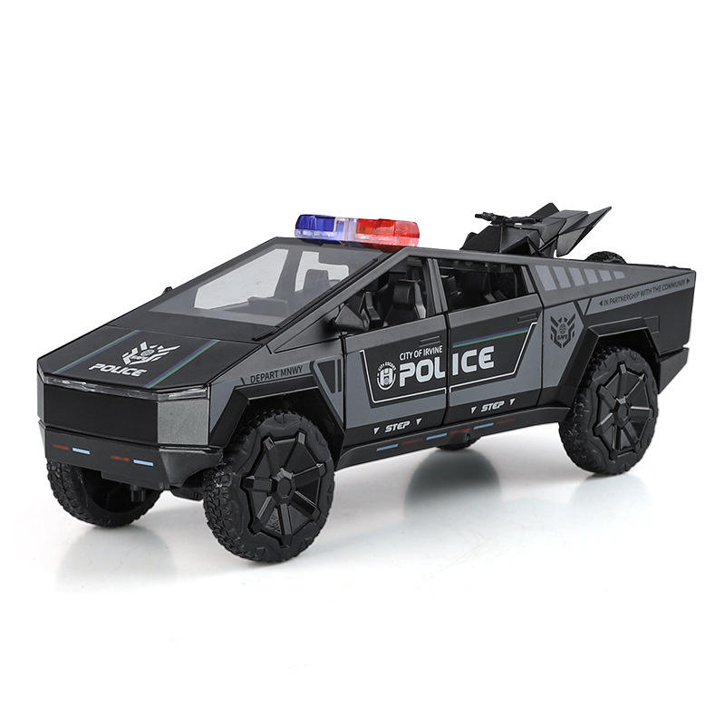 合金1:24特斯皮卡警车模型拉摩托声光开门摆件儿童特警玩具车