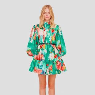 欧美外贸2023秋季印染撞色单排扣腰带收腰灯笼袖连衣裙女广州