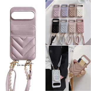 欧美条纹插卡包斜挎皮质适用谷歌pixel9a手机壳pixel8pro珍珠挂绳7a荔枝纹壳Googlepixel10pro卡包6a手机套8a