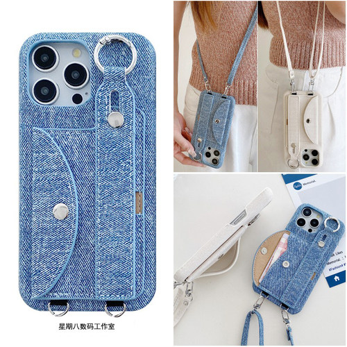 牛仔腕带插卡包斜挎苹果手机壳皮