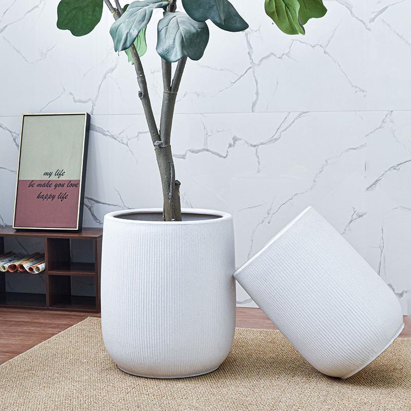 条纹特大号陶瓷花盆大口径高深琴叶榕树透气家用庭院落地客厅白色