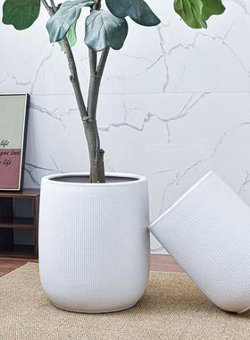 条纹特大号陶瓷花盆大口径高深琴叶榕树透气家用庭院落地客厅白色