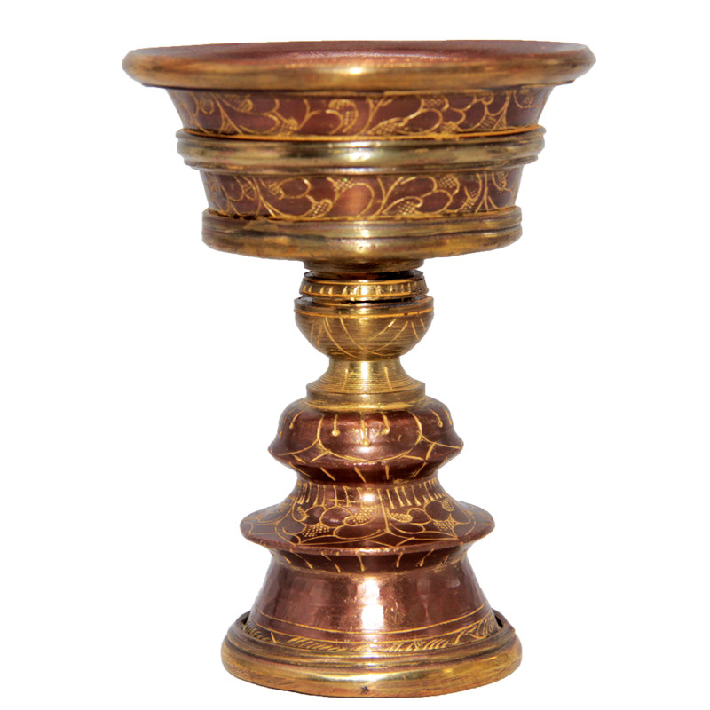松吉仓 尼泊尔紫铜手工雕花酥油灯座佛堂桌面摆件长明灯烛台油灯