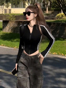 拉链开衫长袖t恤女款2026新款爆款性感紧身独特超好看露腰小上衣
