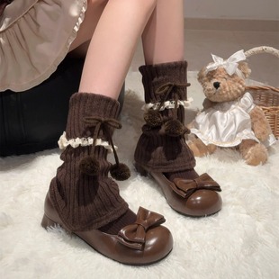 秋冬可爱lolita堆堆袜蕾丝花边蝴蝶结加厚保暖腿套白色毛球袜套女