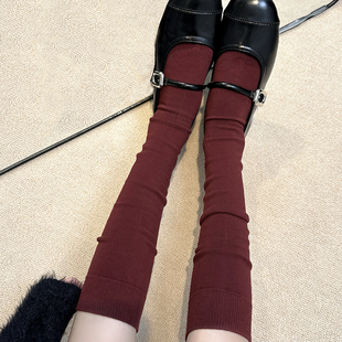 2025年秋冬安可拉红基础款纯色酒红暗红色小腿袜子女及膝堆堆袜棉