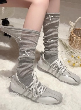 夏季薄款微透法式芭蕾风灰色小腿袜子女洛丽塔miu系蝴蝶结堆堆袜