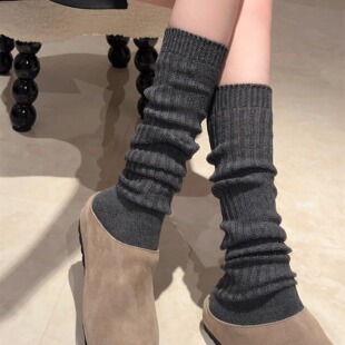2025新款纯色针织粗线灰色小腿袜套女秋冬日系配瑜伽鲨鱼裤袜套棉