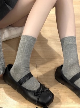 高级灰色宽边棉针织短袜ik堆堆袜日系坚条纹中筒袜子女春秋冬款棉