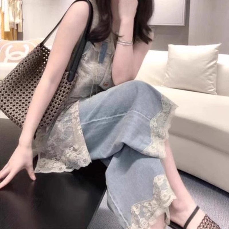 欧美风夏季蕾丝花边拼接牛仔裤女复古宽松阔腿微胖显瘦坠感九分裤