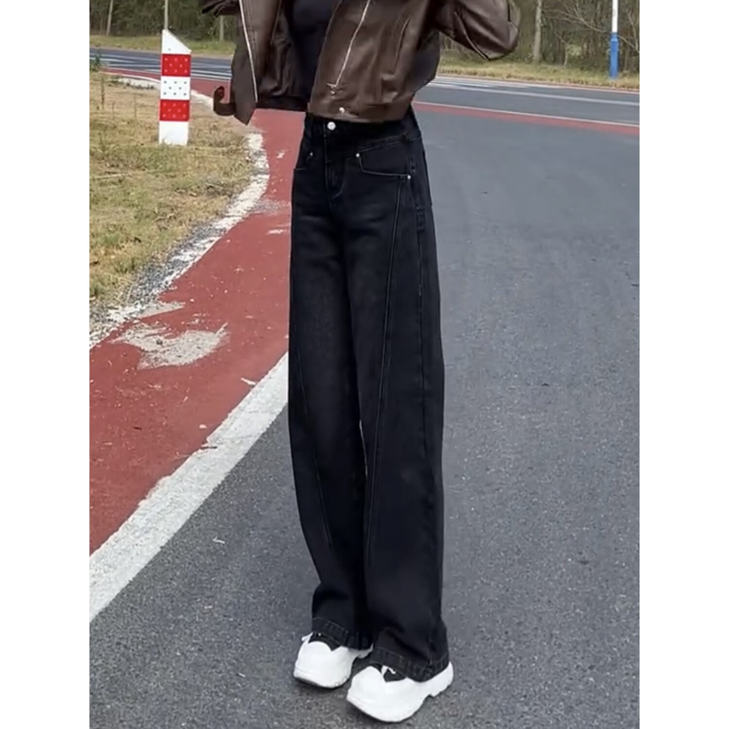 美式高街宽松阔腿牛仔裤女设计感小众灰黑色直筒裤显瘦百搭长裤子