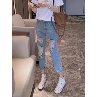 浅蓝色破洞牛仔裤女春夏乞丐宽松显瘦窄版直筒裤韩国chic九分裤子