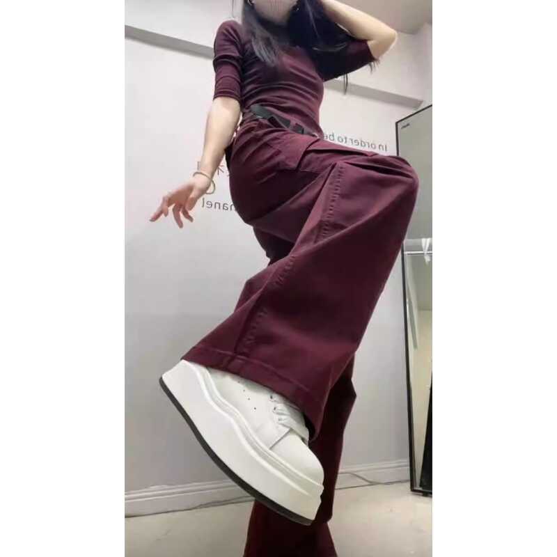 欧货安可拉红工装裤女秋季宽松阔腿牛仔裤直筒显瘦腿粗百搭长裤子