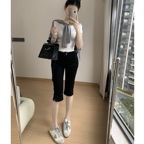 黑色牛仔中裤小脚五分裤