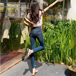 蓝灰色小脚牛仔裤女春秋韩国chic双扣高腰弹力修身紧身靴裤九分裤