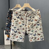 潮流百搭宽松痞帅高级裤 男夏季 子 复古蝴蝶印花休闲五分短裤 美式