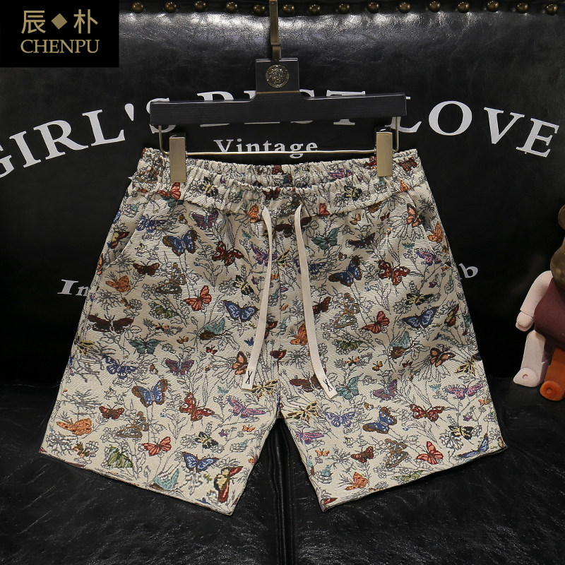 沙滩裤男网红潮牌花色蝴蝶短裤青年运动中裤男宽松直筒休闲五分裤