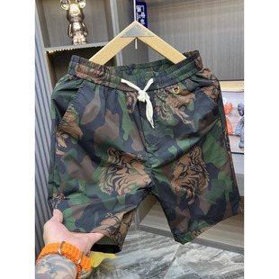 迷彩虎纹男士短裤时尚透气老虎头设计深绿色低调腰部抽绳沙滩短裤