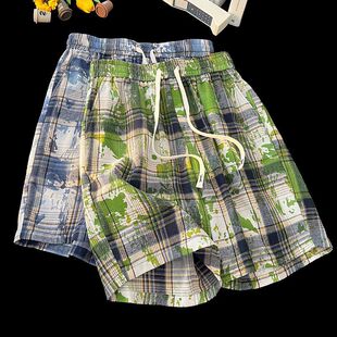 宽松大码 复古小众格子男女休闲百搭抽绳直筒五分短裤 百搭 美式 夏季