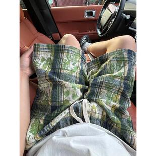 夏季 男款 绿色五分潮牌美式 过膝复古裤 新风格 子休闲中裤 格子短裤