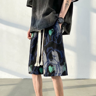 男薄款 外穿大裤 衩大码 夏季 高街小熊五分花短裤 睡裤 宽松美式 沙滩裤