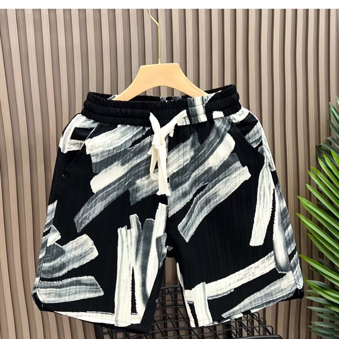 夏季男士五分裤条纹短裤百搭宽松印花休闲个性潮户外速干沙滩裤
