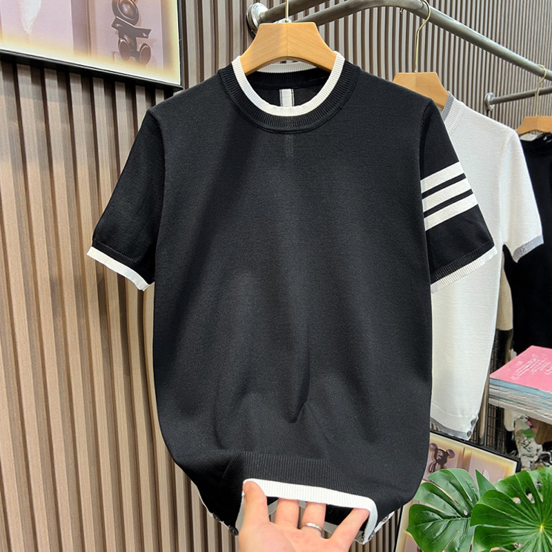 高端正品冰丝薄款圆领针织t恤男夏季凉感透气半袖毛衣男士打底衫