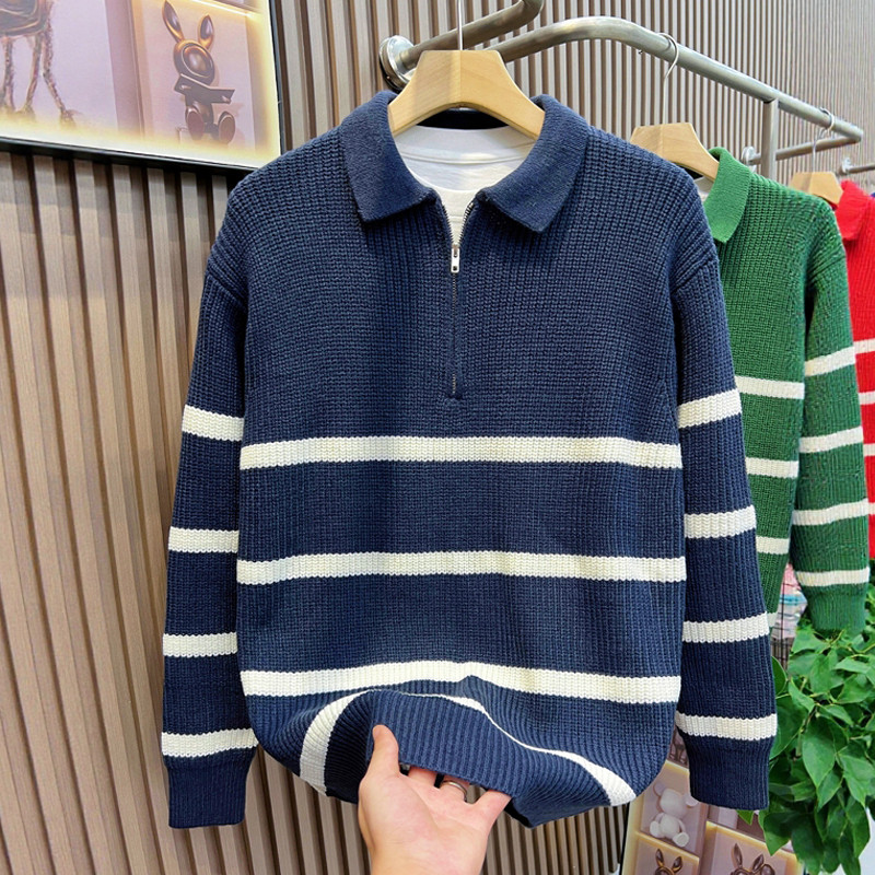 绿色条纹翻领毛衣男美式高街半拉链设计套头针织衫秋冬设计感上衣